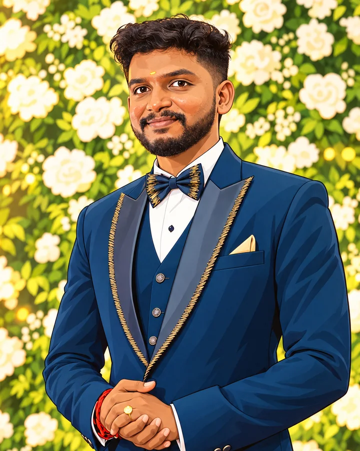 Anime-style illustration of Karthik in a navy tuxedo